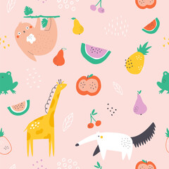Seamless pattern with colorful exotic animals and fruits. Illustrations in a modern style for prints, clothing, packaging
