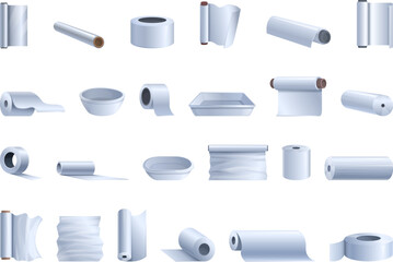 Aluminium foil icons set cartoon vector. Cooking roll. Baking metal