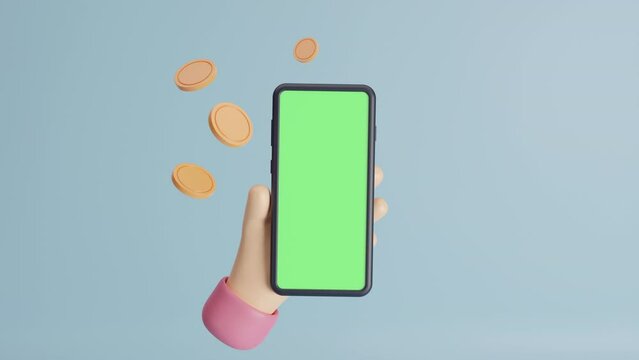 3d hand shaking phone green screen with flying coin, online payment with phone, golden coins. Business, Technology, Internet and network concept. E-payment online business. 3d render animation looped