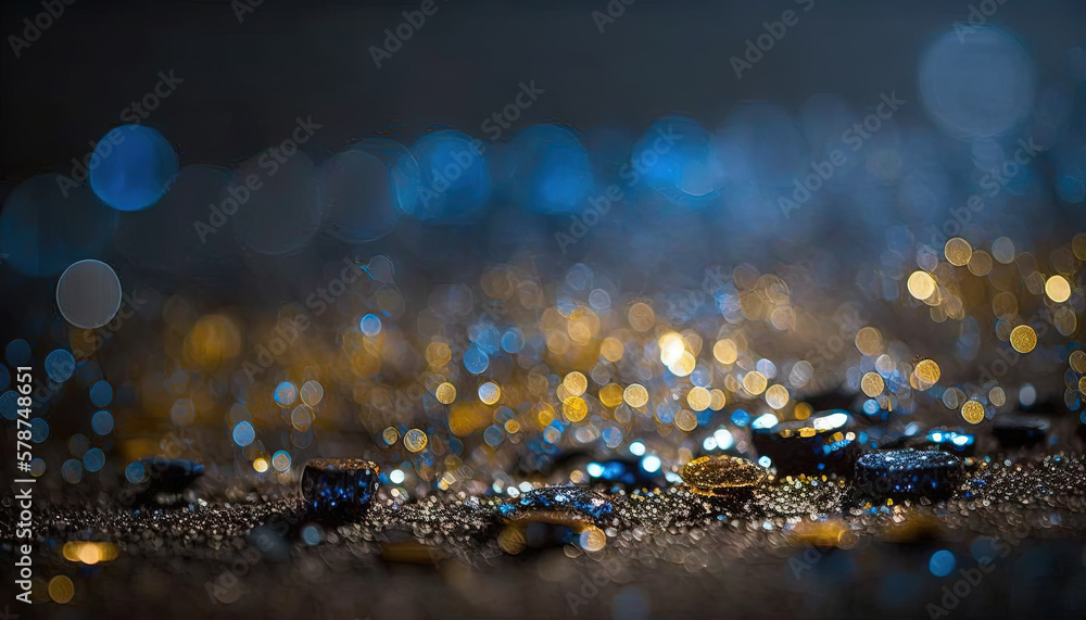 Poster a close up of a bunch of shiny objects on a table top with a blurry background of lights in the back