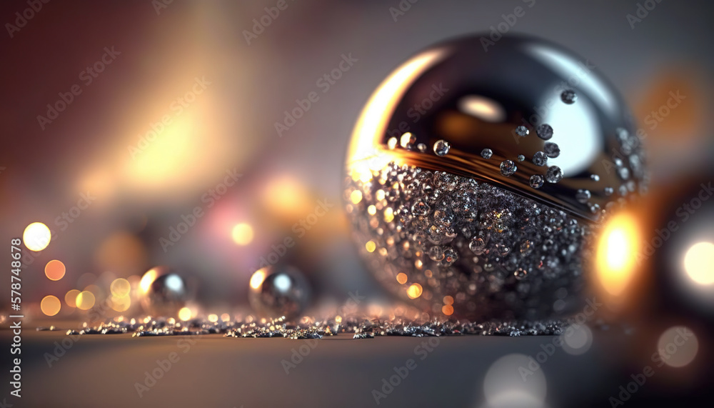 Poster a close up of a shiny ball with bubbles on it's side and a blurry background behind it with lights a