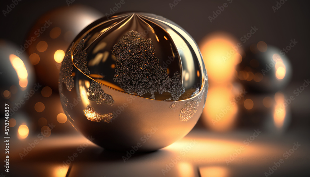 Poster a shiny sphere with gold highlights on a dark background with other shiny balls in the foreground an