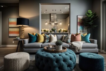 Large contemporary living room furnished with a grey sofa, colored throw pillows, and ottomans. Generative AI