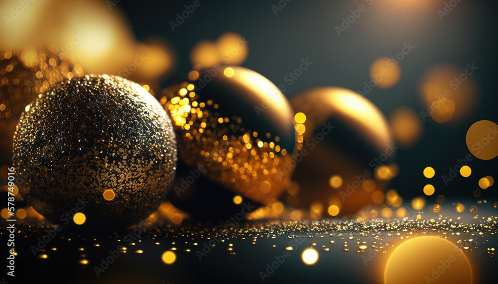 Poster a bunch of shiny balls on a table with lights in the background and a blurry image in the middle of 