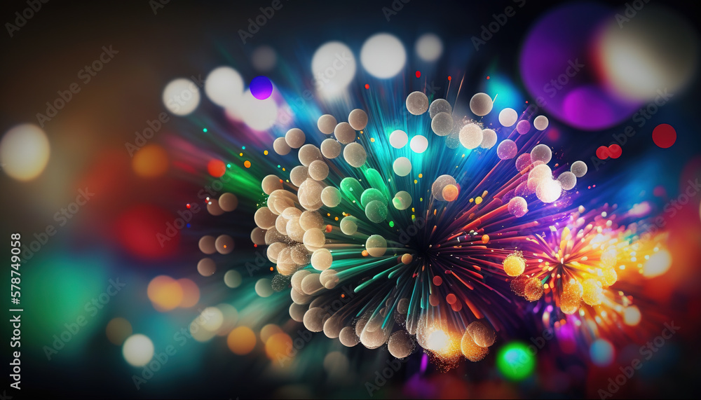 Poster a colorful fireworks display with blurry lights in the background and blurry lights in the foregroun