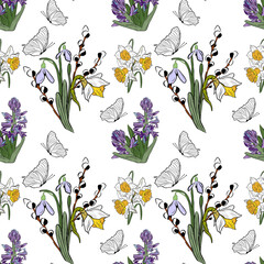Seamless pattern bouquet with butterflies, willow branch and snowdrops