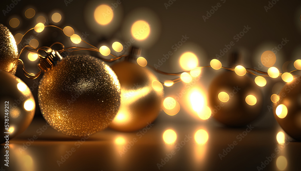 Poster a group of shiny christmas ornaments on a table with lights in the backgroup of the picture and a st