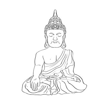 Buddha line decorative outline drawing. Sketch of a sitting or meditating buddha statue