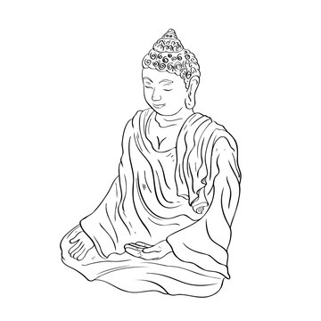 Buddha line decorative outline drawing. Sketch of a sitting or meditating buddha statue