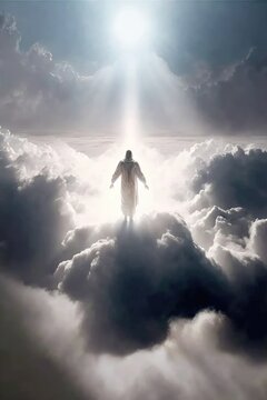 Jesus in the clouds of heaven in the glory of the Father offering Salvation to mankind Generative AI Illustration