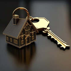 Golden key on a keychain. Golden key to a new house. Golden key to the apartment. Generative AI.