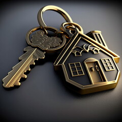 Golden key on a keychain. Golden key to a new house. Golden key to the apartment. Generative AI.