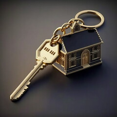 Golden key on a keychain. Golden key to a new house. Golden key to the apartment. Generative AI.