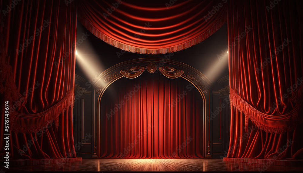 Aufkleber a stage with a red curtain and spotlights on it and a stage with a red curtain and spotlights on the