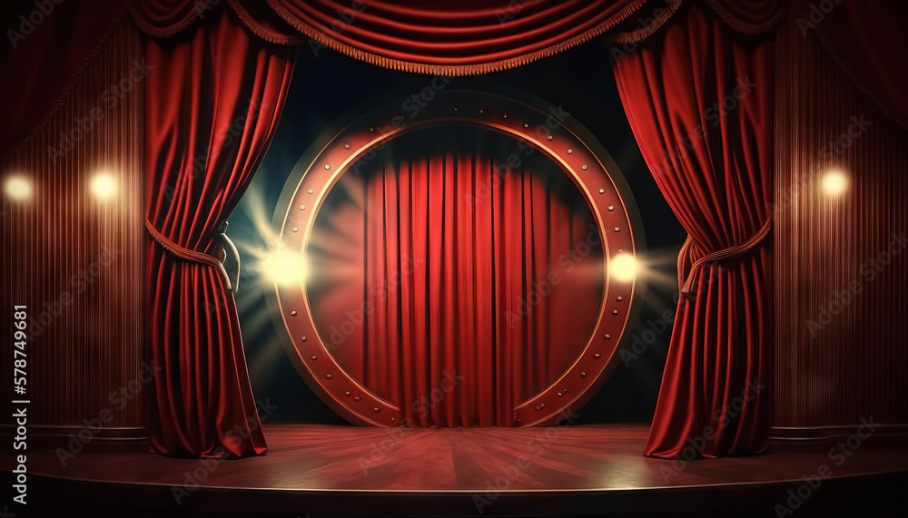 Poster a stage with red curtains and spotlights illuminating the stage the curtains are a deep red color an