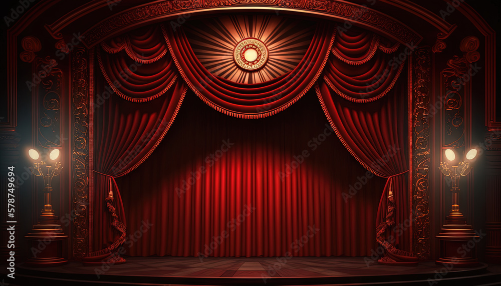 Poster a red stage with a red curtain and a light shining on the curtain and the stage is lit up with two l