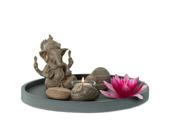 home decoration with ganesha statue, candle and lotus flower isolated on transparent background,...
