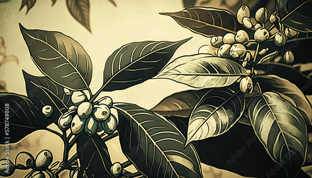 Poster a close up of a painting of leaves and berries on a branch with a sky in the backround of the pictur