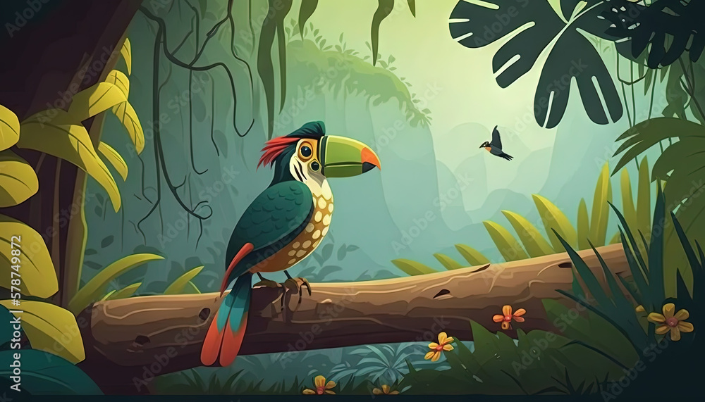Poster a colorful bird perched on a tree branch in a tropical forest with a butterfly flying by in the back