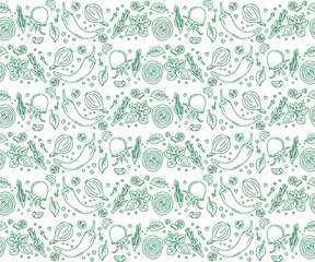 Seamless pattern. Greens and herbs, Spices and vegetables background. Vector background with handmade herbs and spices. 