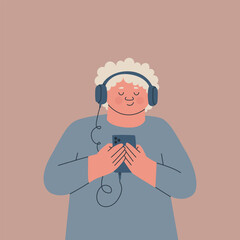 Cute child or teenager wearing over-ear headphones on her head and with a smartphone in her hand. Character is listening to music, an audiobook, or a podcast. Vector isolated illustration for design.