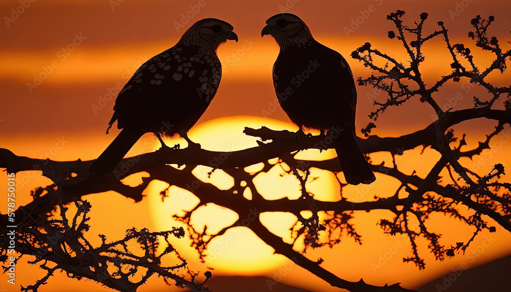 Poster two birds sitting on a tree branch with the sun setting in the distance in the distance behind them,