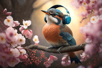 Bird listening music in headphones sitting on blossoming tree, generative AI