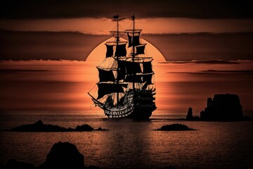 Black and white photograph of a pirate ship silhouetted against an orange sunset sky. Generative AI