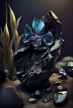 A Black Flower With Blue Flowers Sits On A Rock. Generative Ai