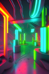 Abstract Concrete and Rusty Metal Futuristic Sci-Fi interior With Colored Glowing Neon Tubes . 3D illustration and rendering - generative ai