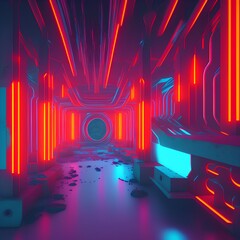 Abstract Concrete and Rusty Metal Futuristic Sci-Fi interior With Colored Glowing Neon Tubes . 3D illustration and rendering - generative ai