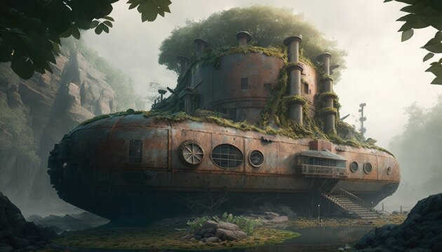submarine bunker, steel and rust and haging vines, dieselpunk