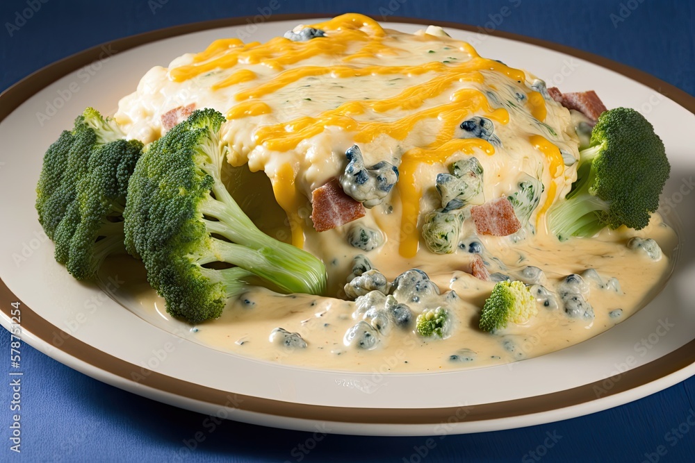 Sticker Bacon, cheese sauce, and a creamy broccoli casserole. Generative AI