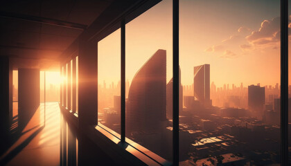 View from the height of a skyscraper on a modern city at sunrise, wallpaper, created with Generative AI technology.