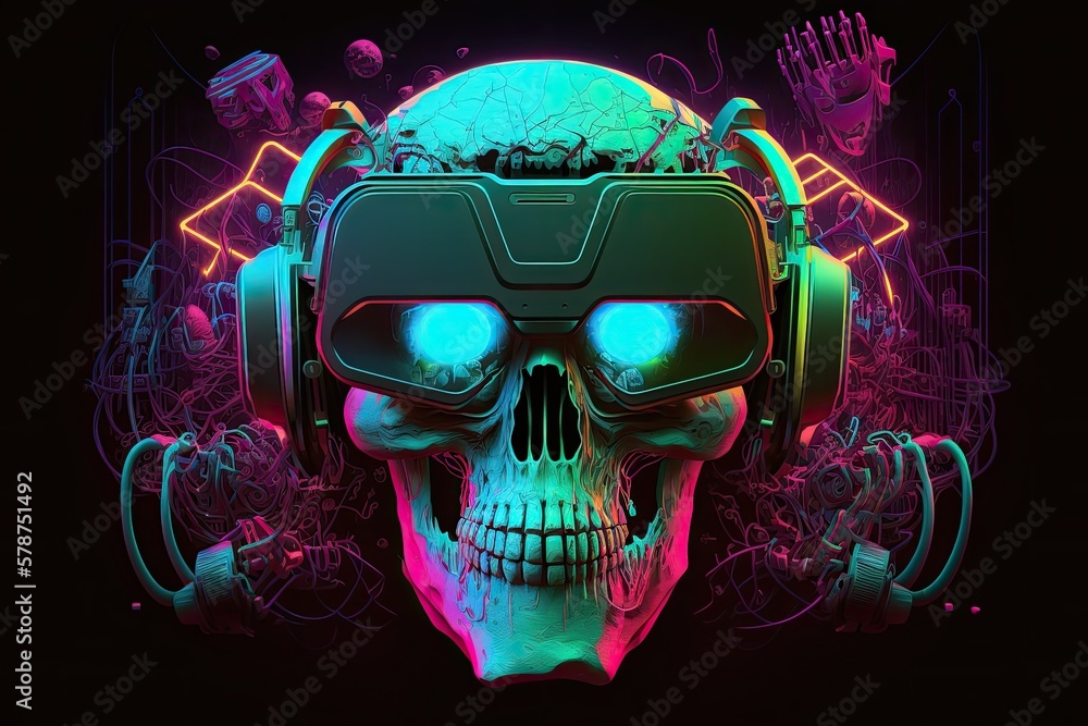 Poster skull with cybernetic implants and vr goggles on a neon lit, cyberpunk inspired user interface. gene
