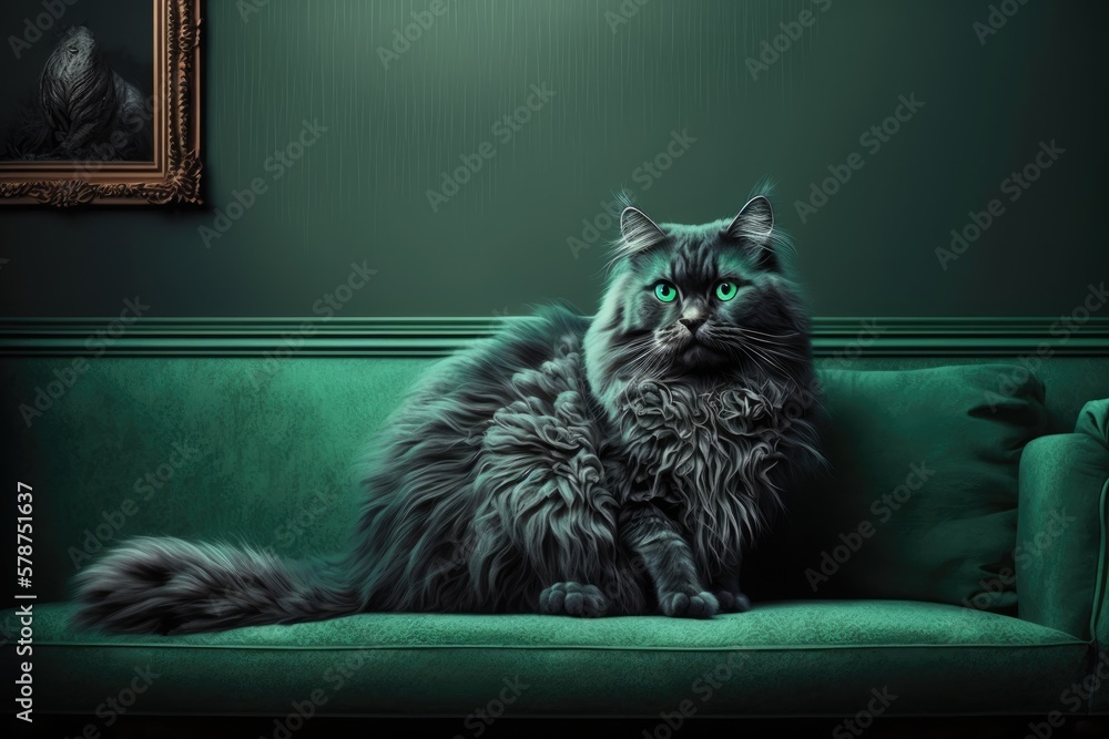 Aufkleber the cat is scratching the sofa on the right while sitting on the left side of the image. the wall be