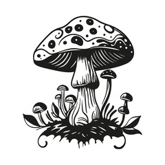 Magic mushroom nature vector silhouette black line contour drawing with funguses