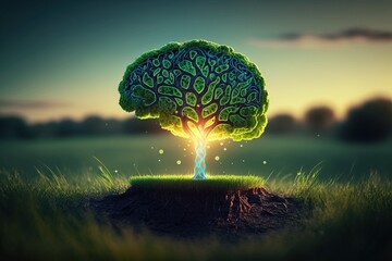 Mental growth concept. Tree growing as human brain - obrazy, fototapety, plakaty