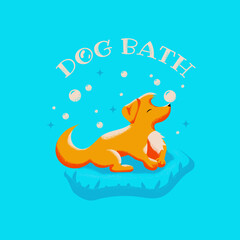 Illustration of orange dog resting after bath on pillow on blue background with bubbles