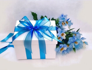 ホワイトデーっぽいプレゼントと青い花