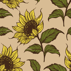 Sunflower doodle seamless vector pattern. Nature drawing flower plant spring summer garden background.