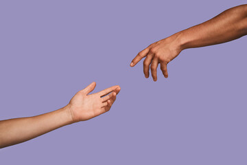 Fototapeta premium Faith, support and reaching with hands of people for community, togetherness and creation. Contact, hope and trust with touch of person for connection, rescue or spiritual symbol on studio background