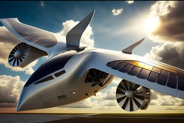 Generative AI. Futuristic solar panel airplane. Sustainable renewable energy