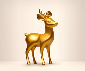 3d Christmas gold deer animal. Xmas decoration reindeer golden reindeer vector render