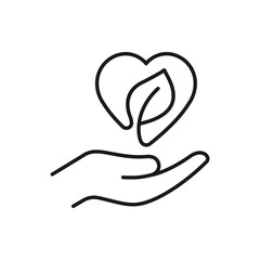Leaf with heart shape on hand. Save nature icon line style isolated on white background. Vector illustration