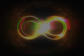 Glitched glowing neon symbol of infinity. Abstract glitch background. Cyberpunk wallpaper in a style of 80's. Futuristic concept. EPS 10. Creative graphic design for poster, brochure, flyer and card.