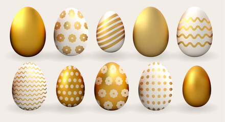 3d happy Easter realistic egg set. Gold colorful holiday vector spring traditional element collection