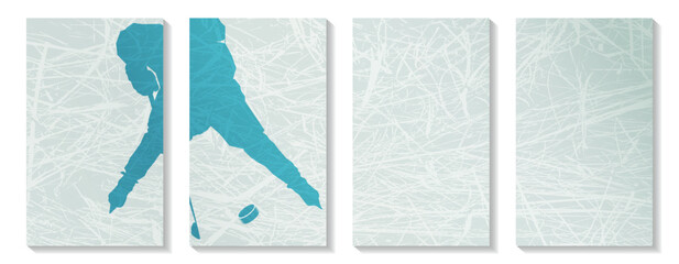 Child hockey player with a stick and a puck in a calm blue tint on a ice horizontal template