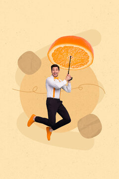 Vertical collage image template sketch poster banner of crazy funky happy guy hold tasty fruit isolated on painted background