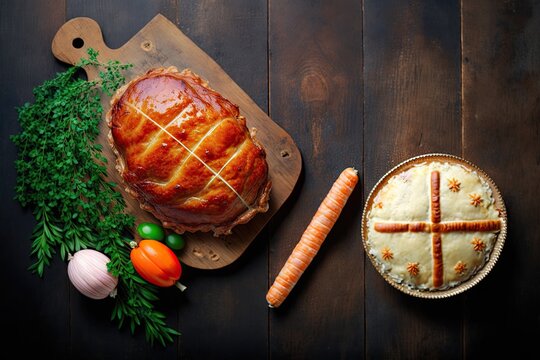 Ham is a traditional Easter dinner. Copy space on a dark wood banner with a double border seen from above. Vegetables, hot cross buns, carrot cake, ham, and mashed potatoes with a scalloped top